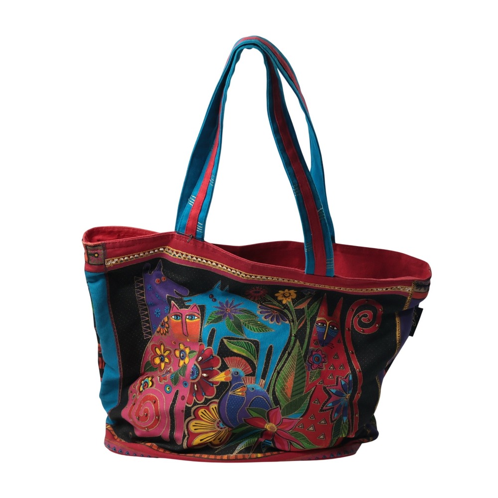 VTG 90s Laurel Burch Cat Art Canvas Tote Bag Colorful Quirky Rainbow Whimsical *